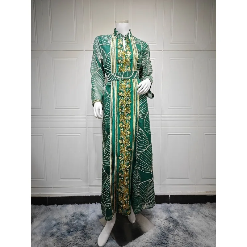 جلابية أوراق بنقش ذهبي فاخر بحزام