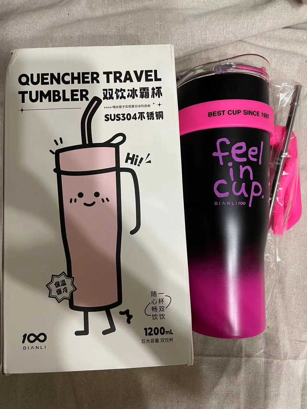 빨대 및 손잡이가 있는 보온 아이스 바 컵, 대용량 더블 컵, 1200ml
