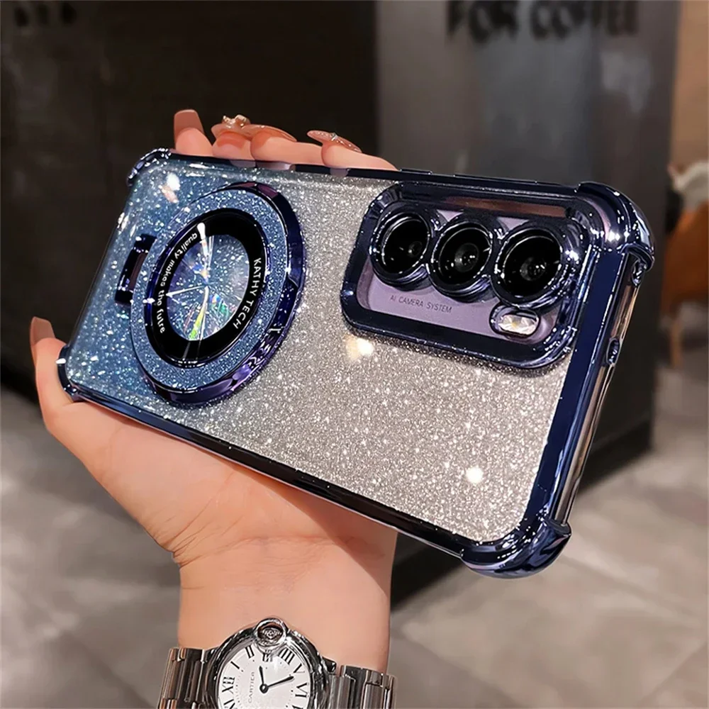 Glitter Bracket Case with Magnetic Stand and Clear Gradient Soft Cover