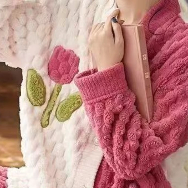 Winter Pajamas Women Loungewear Thickened Coral Velvet Famale Sweet Cute Home Wear Set Ladies Long Sleeved Loose Sleepwear Suit