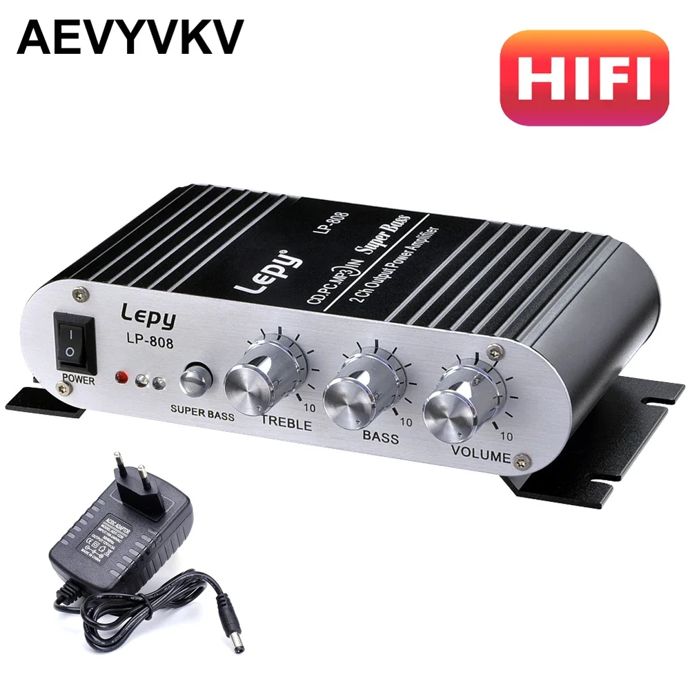 Lepy LP-808 앰프 하이파이 2.0 채널 차량용 오디오 앰프, 지지대 RCA 입력, MP3, MP4 용 고음, 저음, 밸런스, 볼륨 조절