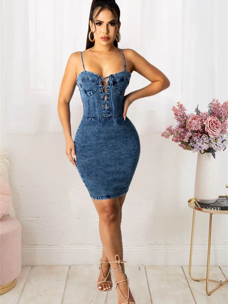 

Джинсовое платье на бретелях-спагетти, женская летняя одежда, бандажные облегающие мини-платья без рукавов, вечернее женское джинсовое платье, платья