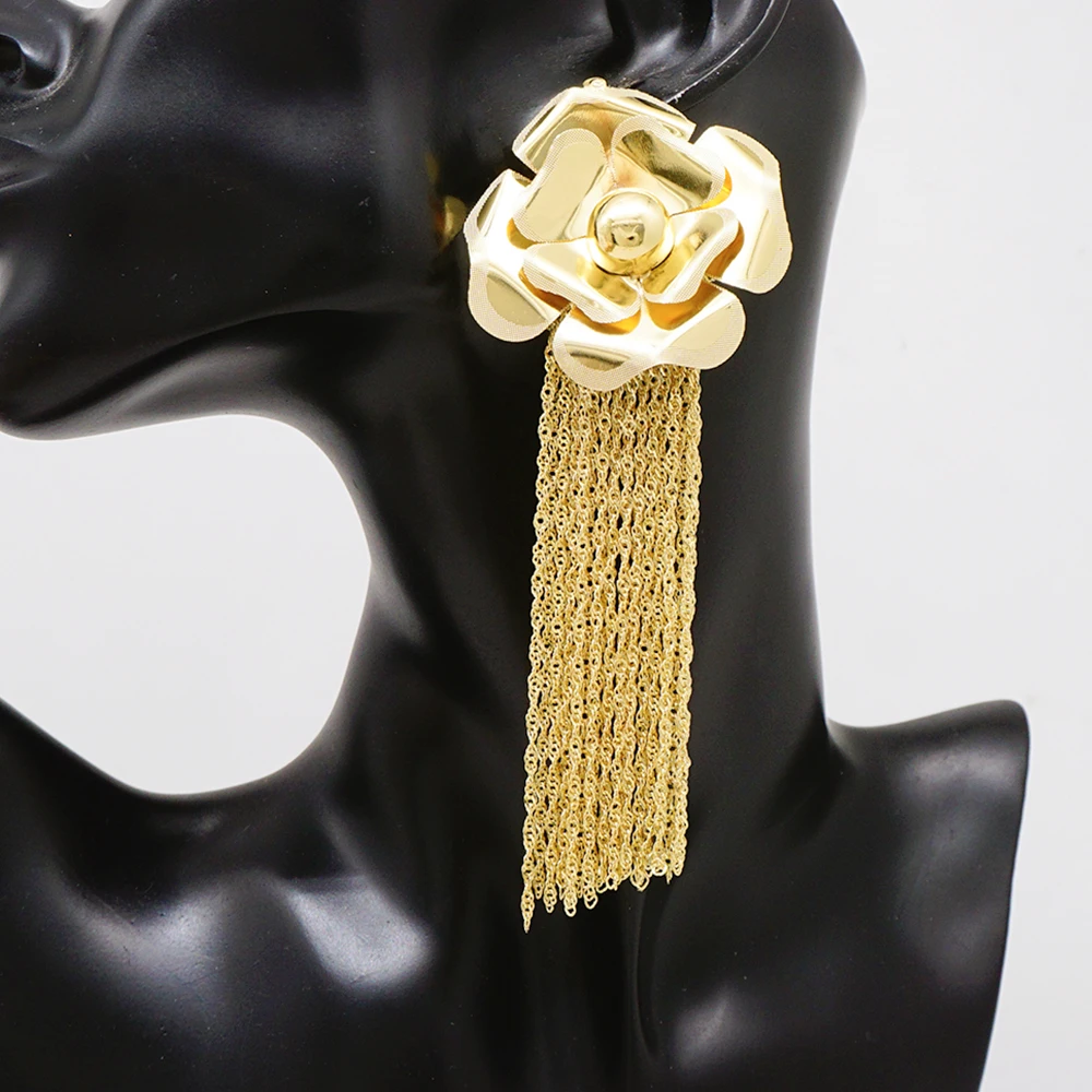 Fashion Gold Color Flower Hoop Earrings Statement Long Hanging Earrings Drop Tassel Earrings For Female Daily Pendant Jewelry
