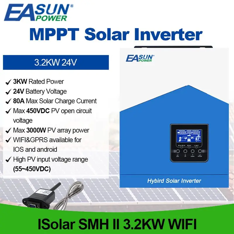 Easun Hybrid Solar Inverter 24V 3.2Kw Inverter A Onda Sinusoidale Pura Off Grid Build In 80A Mppt Charger 220V Max Pv 450V Supporto Wifi