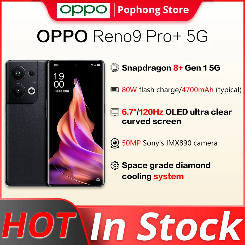 

OPPO Reno 9 Pro+ 5G Mobile Phone 6.7 inch 120Hz AMOLED Flexible Curved Screen Snapdragon 8+ Gen 1 Octa Core 80W SuperCharge NFC