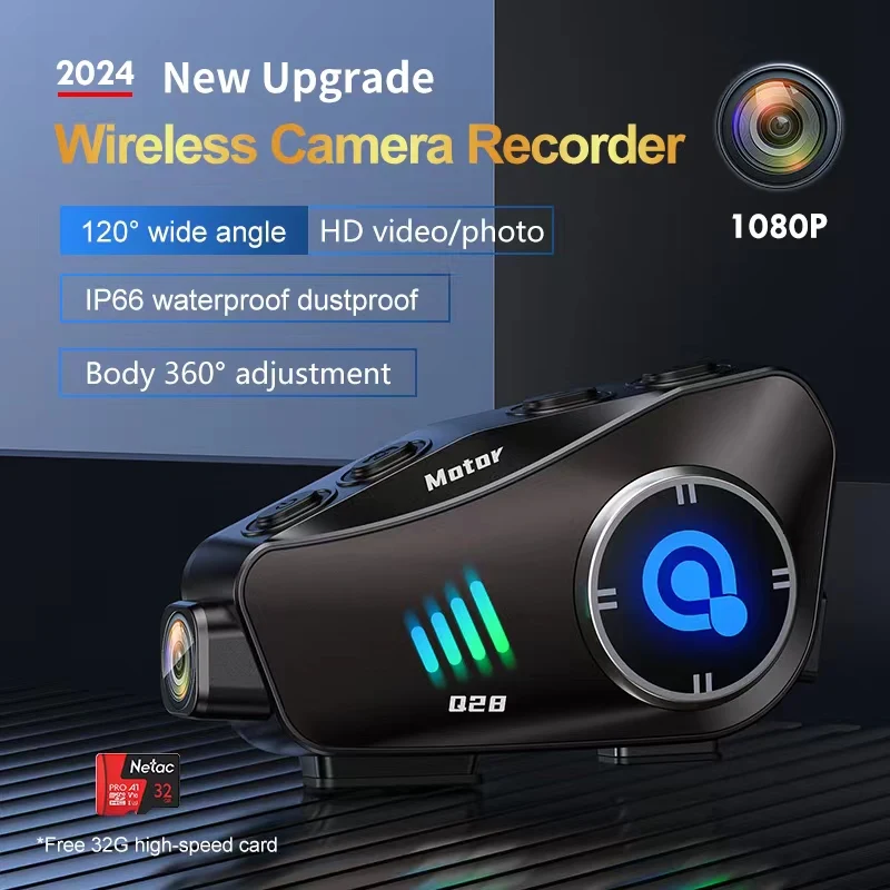 Installation de l'enregistreur vidéo moto et auto sur un casque, câble et support inclus.