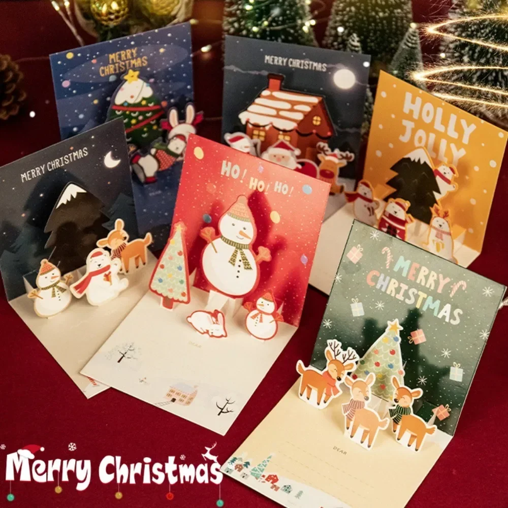 Greeting Cards 5/1PCS 3D Pop UP Christmas with Envelope Friend Family Blessing Postcard Birthday New Year Christmas Decoration