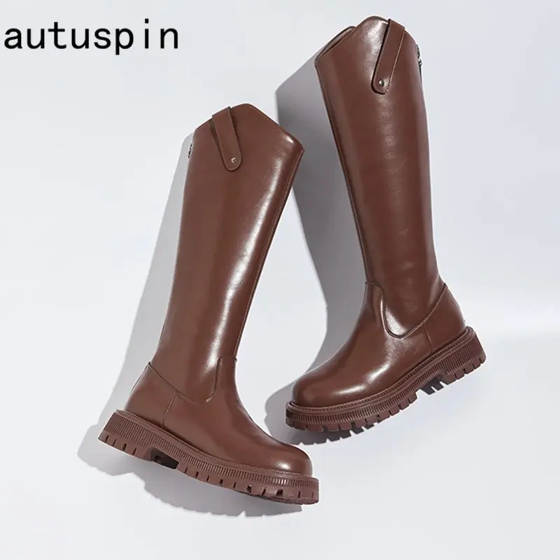 

Autuspin Women Knee High Boots Winter Fashion Concise Long Boots Females Thick Heels Genuine Leather Shoes Woman Western Style