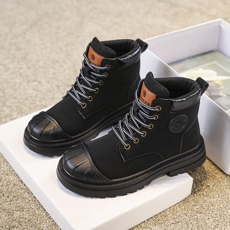 Girls Boys Ankle Leather Boots with Zipper Lace Up Outdoor Hiking Waterproof Anti-Slip Durable Combat Bootie for Kids 2