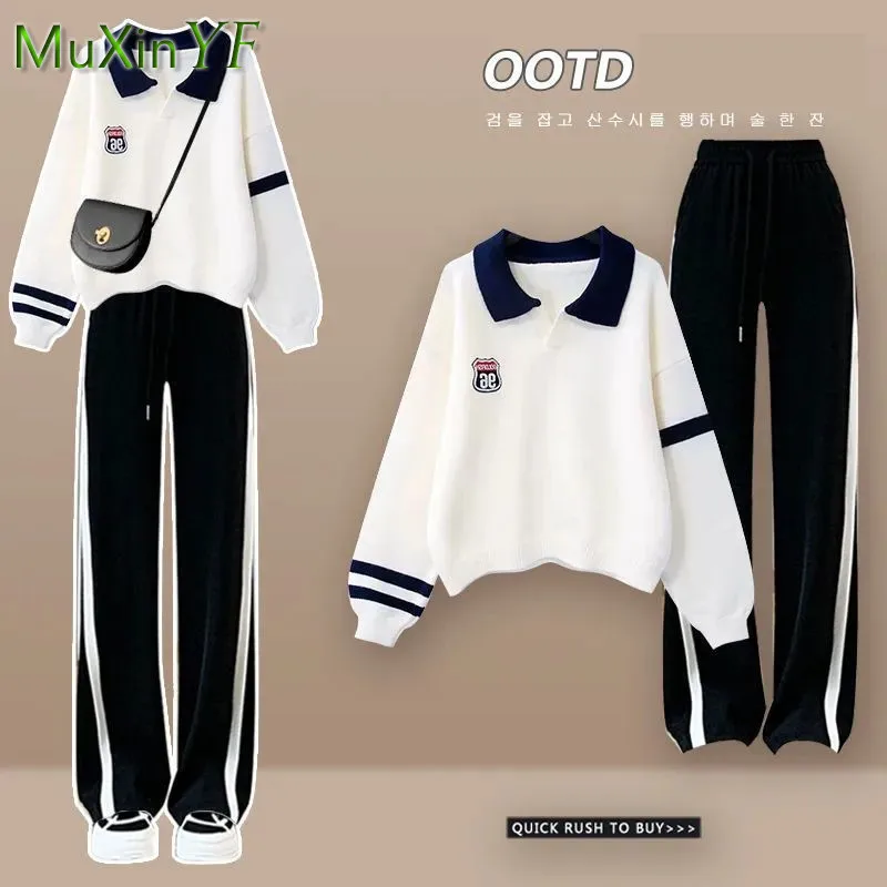 Women's Spring Autumn New Fashion College Polo Shirt Sweater Pants Two Piece Korean Elegant Pullover Sport Wide Leg Trousers Set