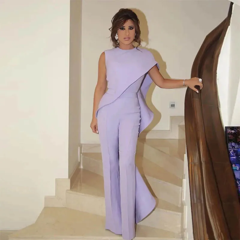 

Stylish Elegant Lilac Mother of the Bride Suits Floor-Length Designed Capped Mother Dresses Satin Women Formal Pants Suit