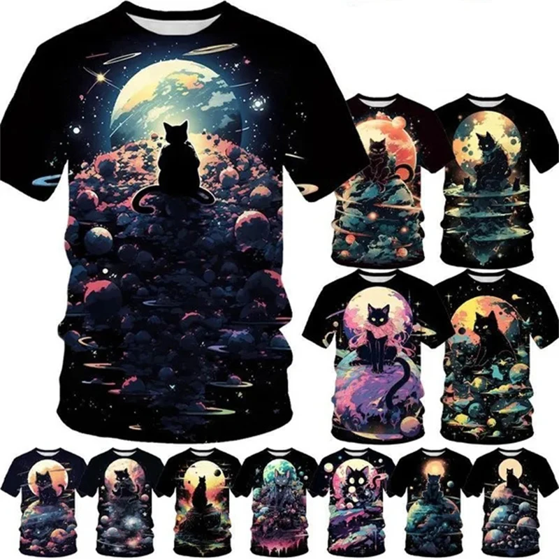 Moon Planet 3D Printing T-Shirt Cute Cat On The Moon T Shirt Funny Casual Fashion Pet Cat Tops Tees Washed Graphic Tee Cheap