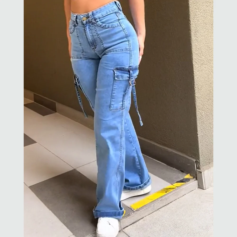 thumbnail image 1 of Pantalones Cargo de Color sólido con bolsillo para mujer, monos de pierna ancha sueltos Retro de calle Y2K, pantalones vaqueros rectos de cintura media informales, 1 of 5