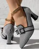 Pumps Women Houndstooth Bowknot Decor Chunky Shoes Point Toe Low Heel Wear Houndstooth Bowknot Decor Chunky Pumps 4
