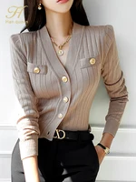 H Han Queen Korean Chic V-Neck Knitted Cardigan Sweater For Women Casual Basic Long Sleeve Cardigans Autumn Vintage Sweaters Top - Image 2