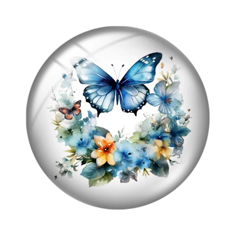 Blue Butterfly Floral Round Photo Glass Cabochon Set - 10pcs Flat Back Embellishments