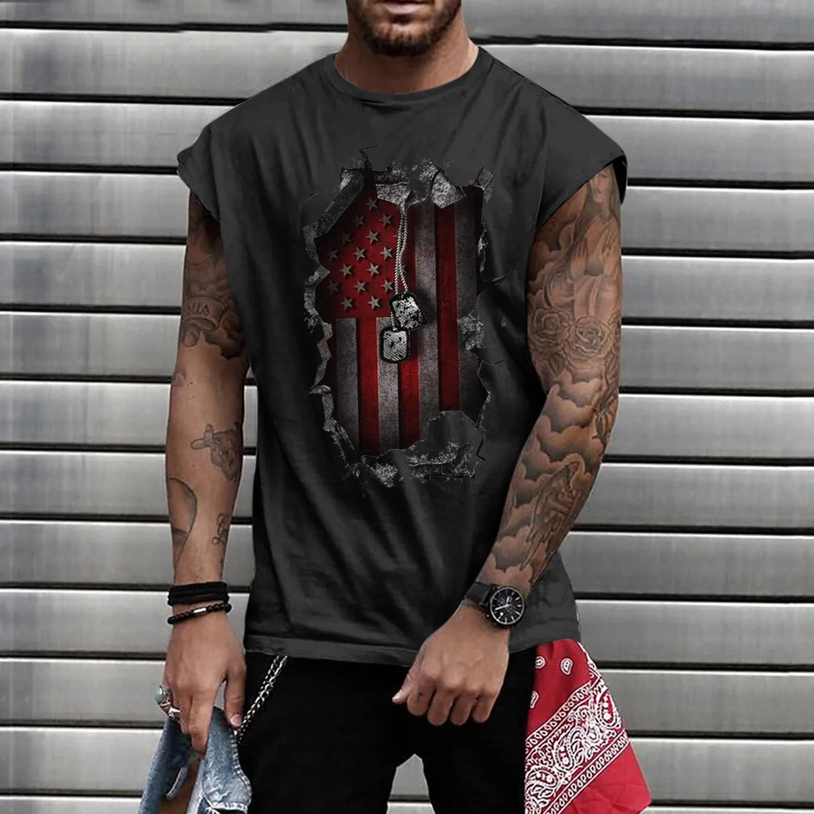 

Summer Man Gym Clothes Solid Color Printed Sweat-Absorbing Breathable Shoulder Expanding Sleeveless Vest Polera Gym Hombre