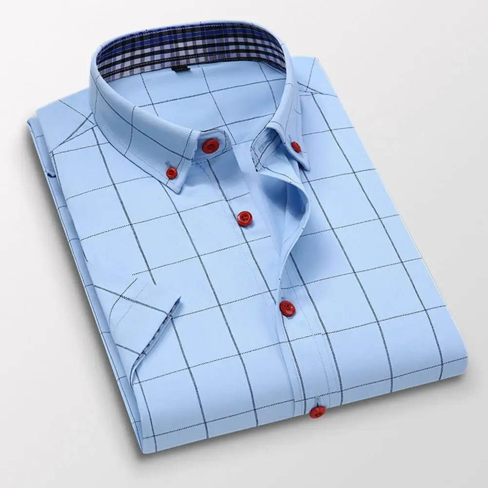 

Men Business Shirt Wear-resistant Quick Dry Cardigan Turn-down Collar Plaid Print Men Formal Shirt Men Top Breathable