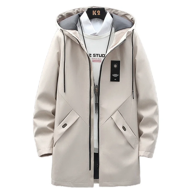 Spring Autumn Men's Mid Length Cargo Jacket Thin Trench Coat Solid Color Fashion Business Casual Handsome Slim Fit Hooded Jacket