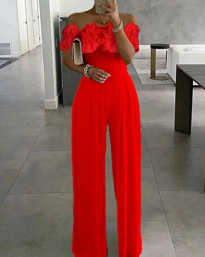 Rose Flower Detail Off The Shoulder Short Sleeved Sexy Top and Waist Length Pants Wide Leg Jumpsuit New Unique Women