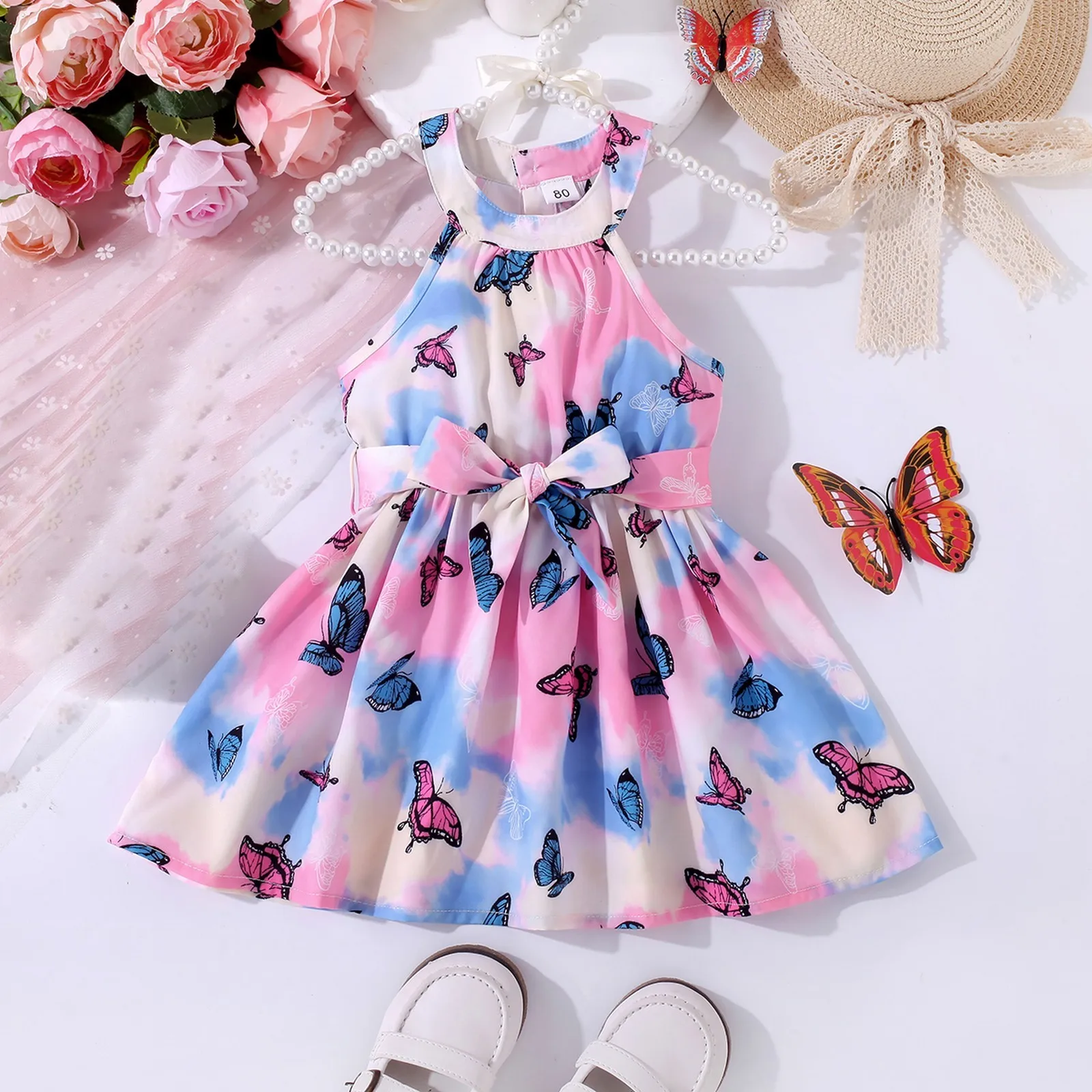 

Toddler Baby Girls Belt Dress Sleeveless Shirt Dress Butterfly Print Party Princess Dress Elegant Swing Dress Kids Boho Sundress