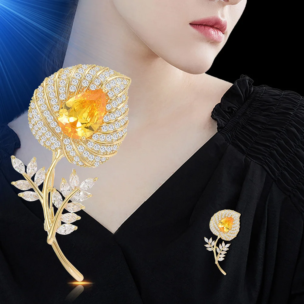 

Exquisite Shiny Yellow White Crystal Rhinestone Flower Big Brooch Ladies Elegant Trend Party Accessories Dress Brooch