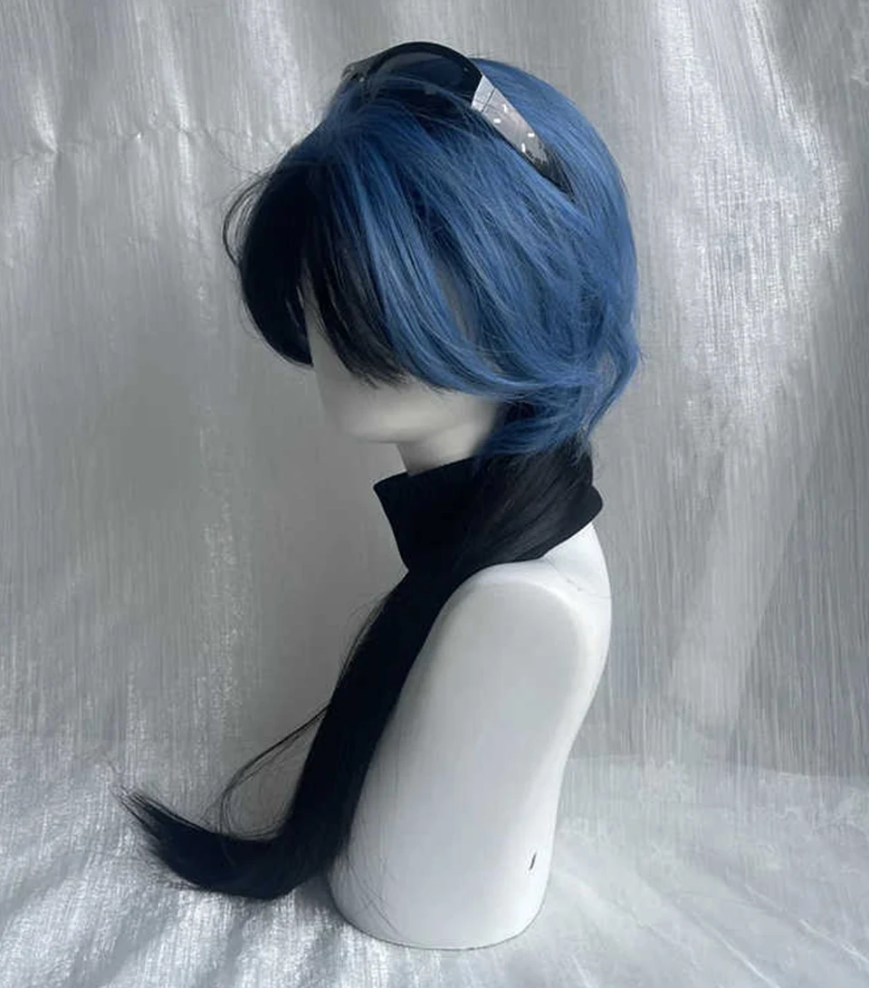 Black Blue Synthetic Straight Wig with Bangs for Women Cosplay
