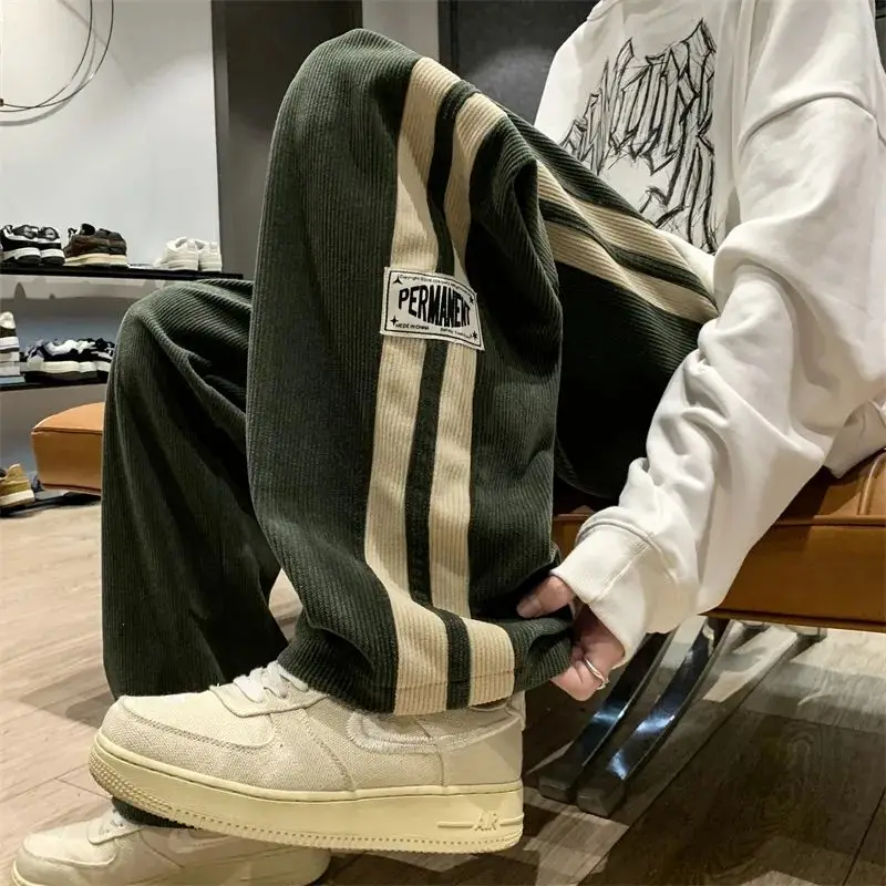 American High Street Trend Autumn Versatile Corduroy Casual Pants Men's Embroidery Patchwork Drawstring Pocket Straight Trousers