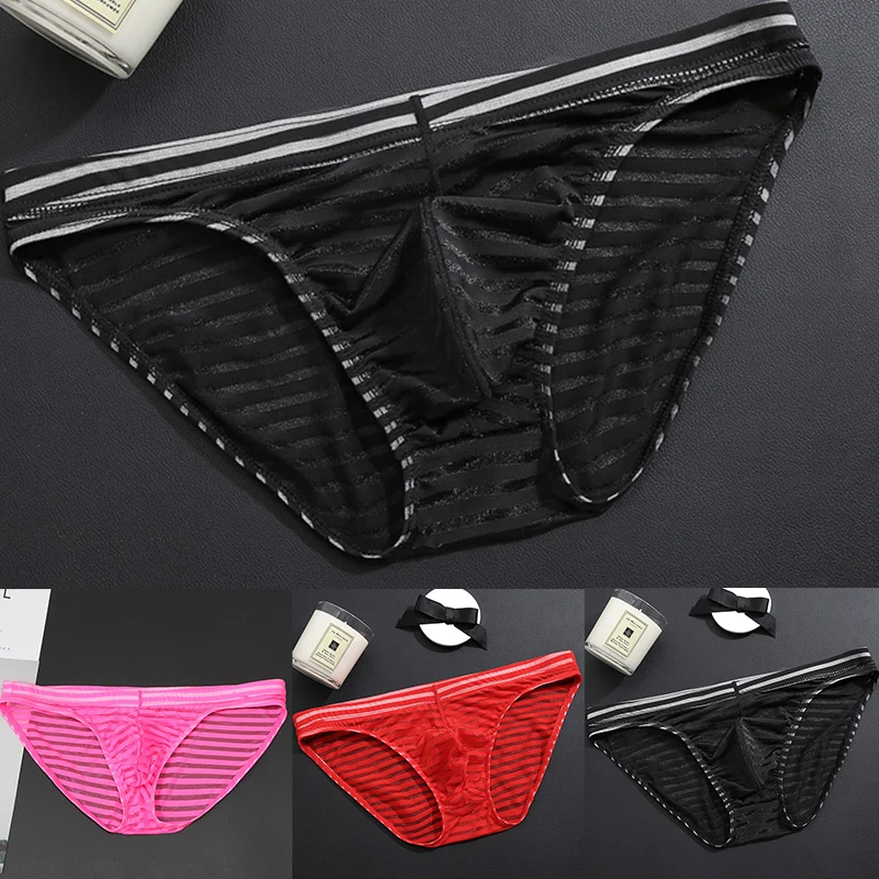 Ultra Thin Transparent Striped Mesh Men's Panties Male Briefs Ice Silk Breathable Seamless Underwear Sexy Lingerie Underpants