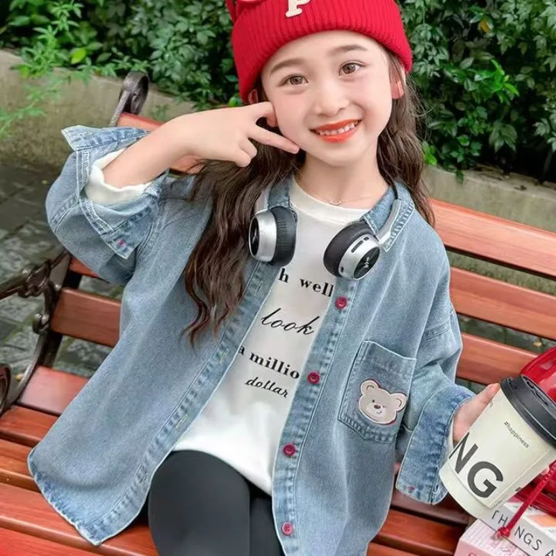 여아 데님 셔츠 2025 봄 가을 한국 스타일 얇은 코트 귀여운 동물 프린트 아동..