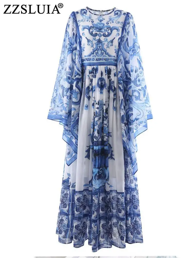 

ZZSLUIA Maxi Long Dresses Blue And White Porcelain Printed Designer Slim Vintage Dresses Fashion Flare Sleeve Elegant Dresses