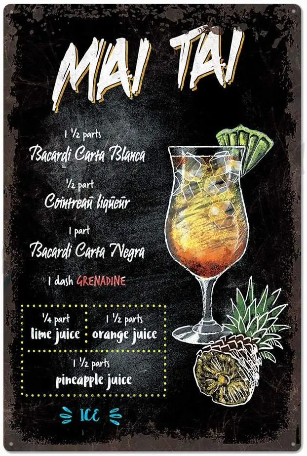 

Vintage Plaque Mai Tai Cocktail Recipe Artwork Wall Decoration Tin Metal Signs Wall Art of Kitchen Beer Bar Man Cave Restaurant