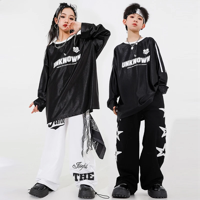 

Children Street Dance Clothes Hiphop Streetwear Black Tops Loose Star Cargo Pants Kpop Outfit Jazz Dance Performance Suit DL1175