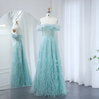 Luxury Feathers Aqua Turquoise Evening Dresses Off Shoulder Beyonce Celebrity Prom Party Dress for Wedding 435 2