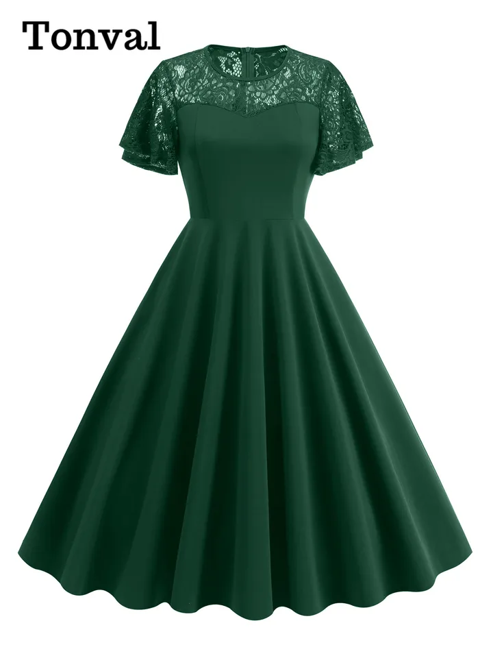 knee length dresses for ladies 1950s Off Shoulder Lace Swing Dress