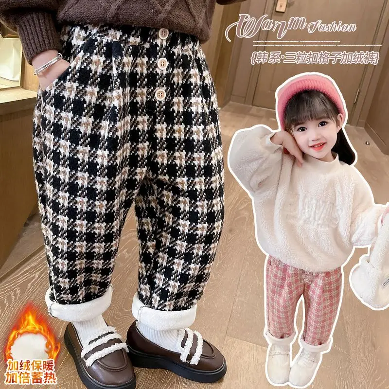 Baby Girls Fashion Plaid Casual Pants Korean High Waist Cute Kids Children's Winter Thick Warm Clothing Pant Trousers