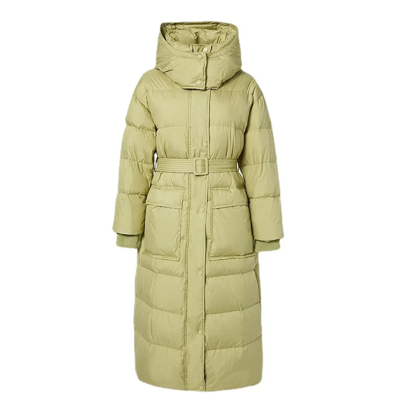 New Down Jacket with Waistband Closure White Duck Down Thickened Hood Black Green Coat for Women