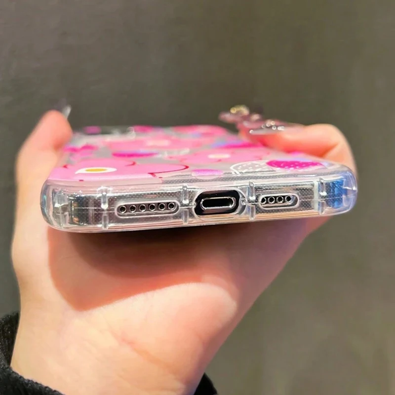 Pink Flower Strawberry Pattern Clear Phone Case