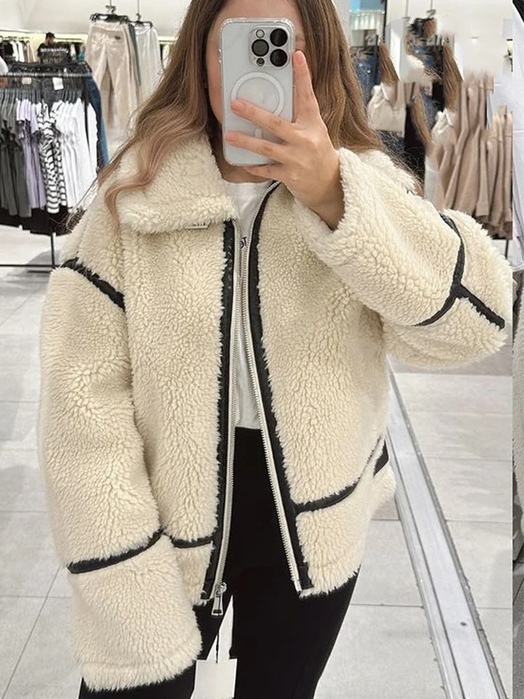 

Fashion Patchwork Fleece Coat For Women Loose Long Sleeve Lambswool Jacket 2024 Winter Autumn Warm Thicken Lady Lapel Outerwear