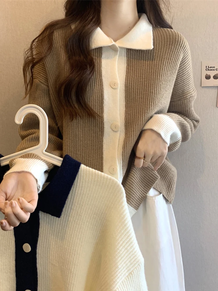 IUOIIN 턴다운 칼라 가디건 여성용 스웨터, 2023 가을 패션, 루즈 버튼, 솔리드 가디건, 기본 싱글 브레스트 의류