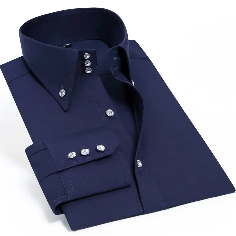 New Men\'s Long Sleeve Lined Crystal Button Shirt Elastic High Grade Business Leisure Slim Fit Trend Men\'s Shirt