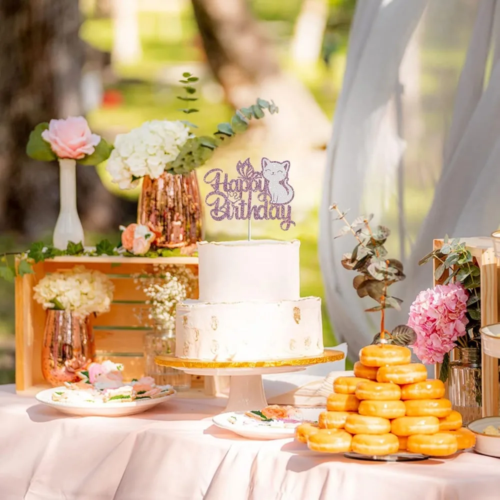 Lila funkelnde Katze alles Gute zum Geburtstag Kuchen Schmetterling Kuchen Kätzchen Haustier Thema Geburtstag Hochzeit Party Kuchen Dekoration – Detail 4