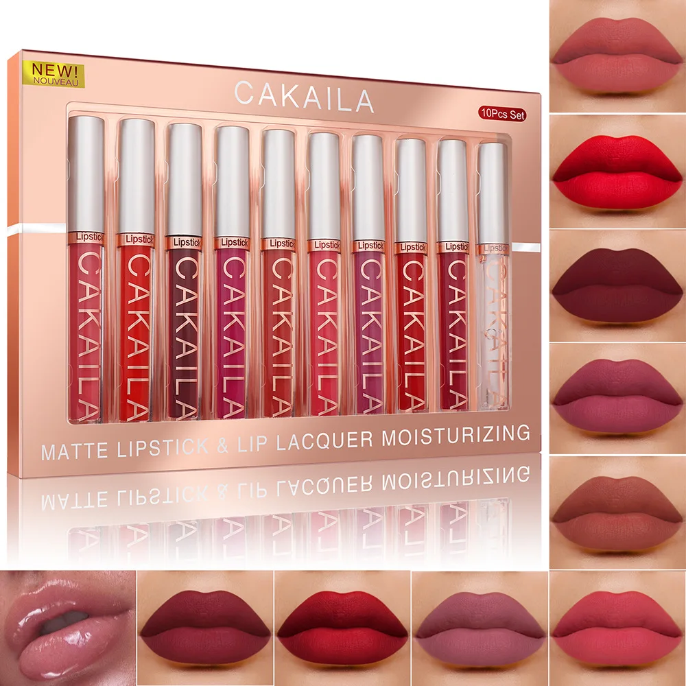 CAKAILA 10Pcs/Set Pro 24HR Weightless Colour Matte Nude Velvet Liquid Rich Matte Finish Lipstick Lipgloss Waterproof Lip Makeup