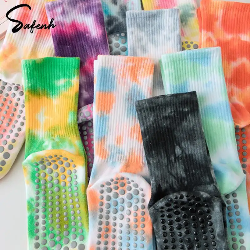 

Fashion Women Tie-dye Cotton Socks Breathable Non-slip Mid-tube Yoga Pilates Socks Indoor Dance Fitness Training Sports Socks