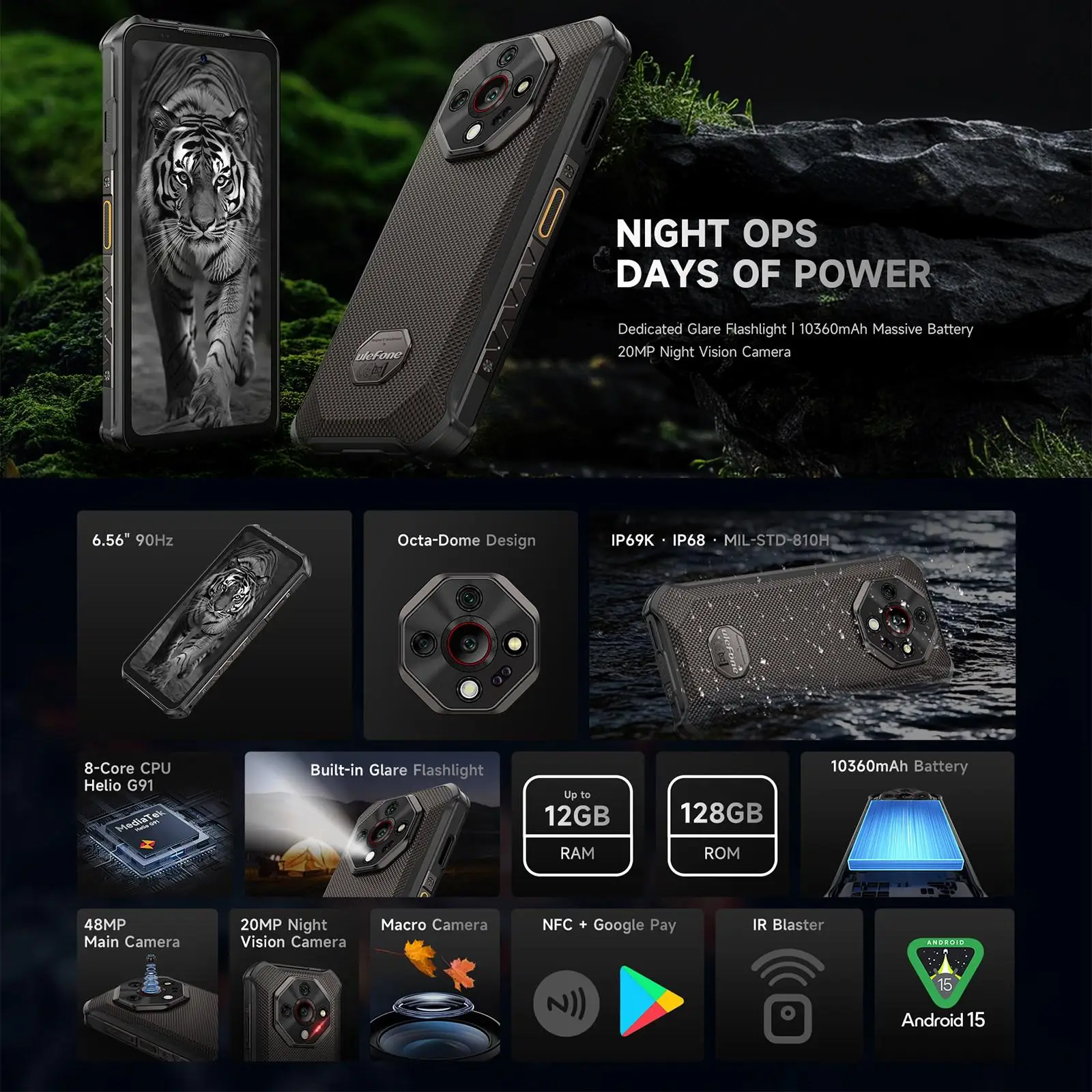 Ulefone Armor X16 / X16 Pro 5G Rugged Phone Night Vision 10360mAh Battery 8GB RAM+256GB ROM NFC Smartphone with Google Gemini