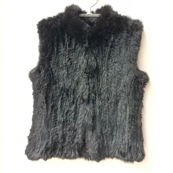 2023 Winter Black Knitted Real Rabbit Fur Vest Women Thick Fashion Sleeveless Warm Genuine Rabbit Fur Gilet