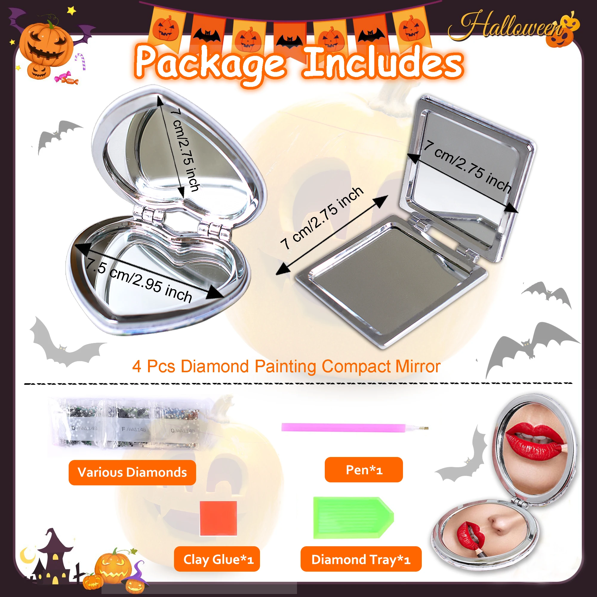 1pc/Set DIY Halloween Diamond Art Mirror Compact 4 Styles Portable Folding PU Leather Diamond Painting Pocket Mirror for Women