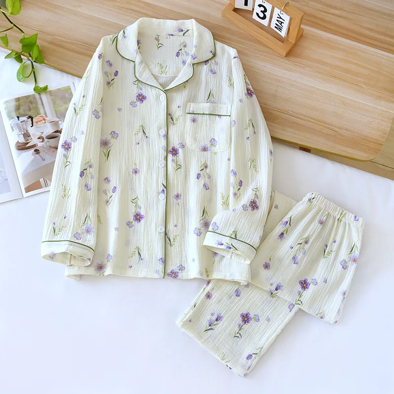 2024 Japanese Spring/Summer New Women's Pajama Set 100% Cotton Crepe Long Sleeve Two Piece Thin Home Fury Pajamas Ladies