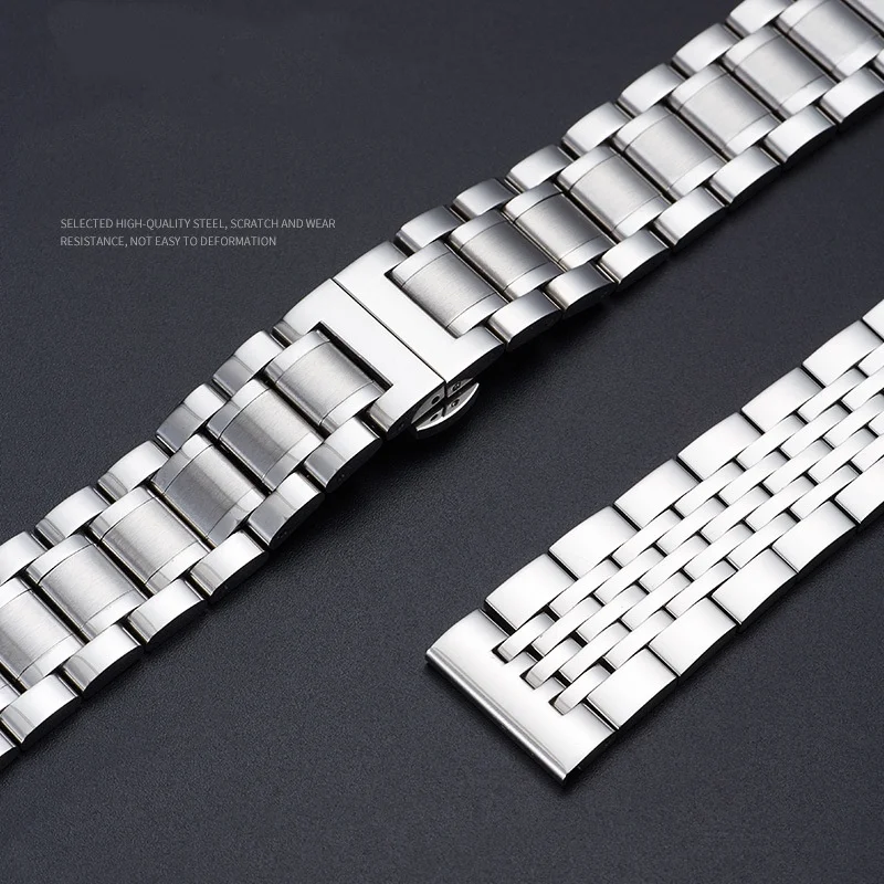 Premium Solid Stainless Steel Watch Strap with Butterfly Folding Clasp, Set of 2