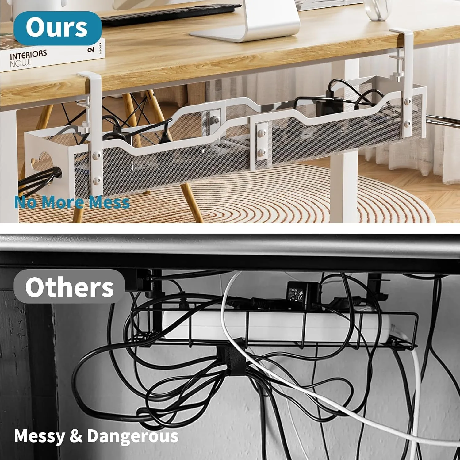 Under Desk Cable Management Tray, 25'' Metal Cable Tray with Clamp for Desk Wire Management, Litwaro Cable Management 4
